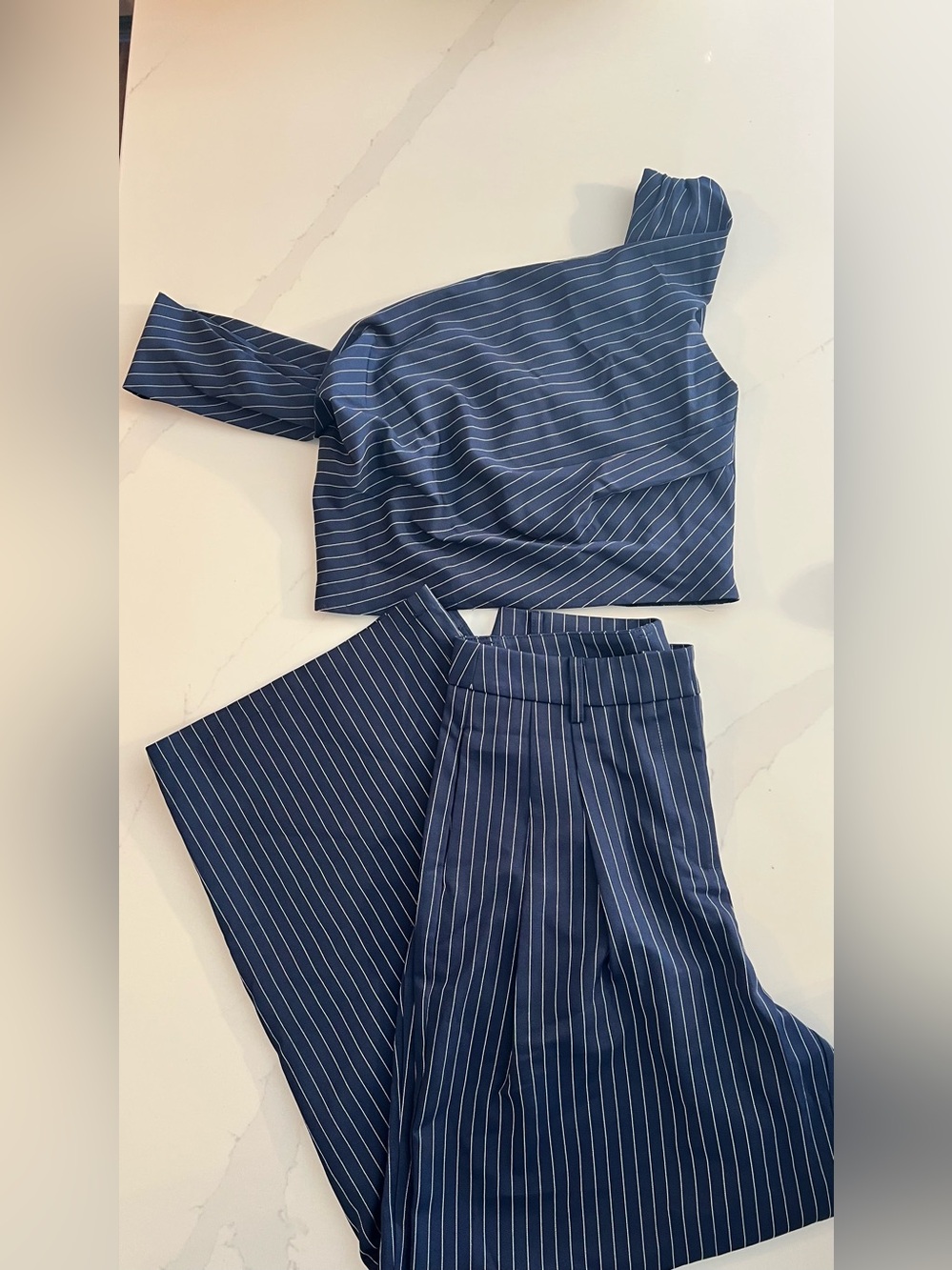 Commense Navy Pinstripe One-Shoulder Crop Top & Wide-Leg Pants Set - Picture 7 of 14